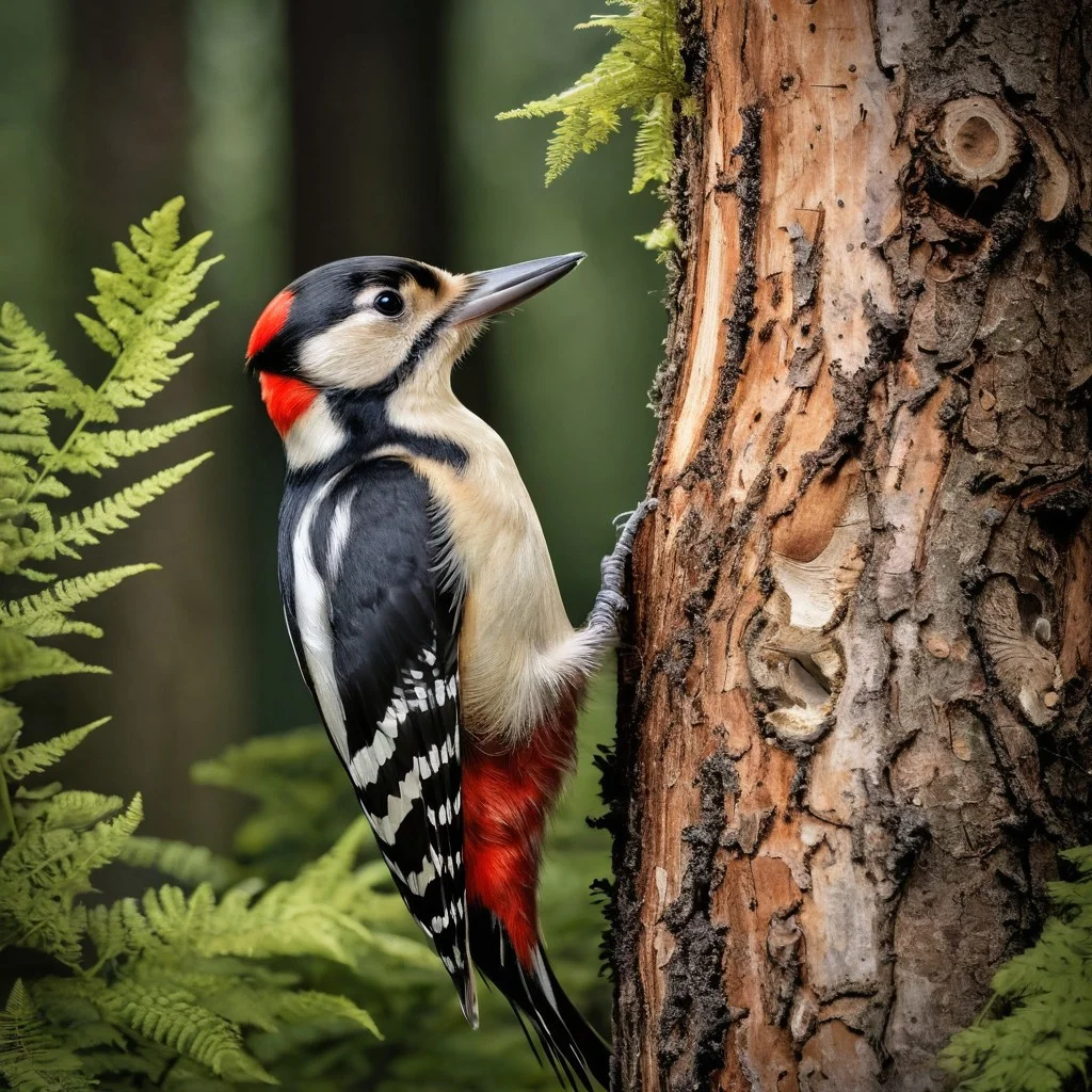 A watercolor and ink painting of a great spotted woodpecker perched on a tree trunk. The woodpecker is in the process of drilling a hole in the tree bark with its beak. The background reveals a forest with many trees. The ground is covered with mosses and ferns. The scene is illuminated by the early morning sunlight that filters through the trees, casting a soft glow on the woodpecker and the tree bark. The overall image has a delicate pastel tone.