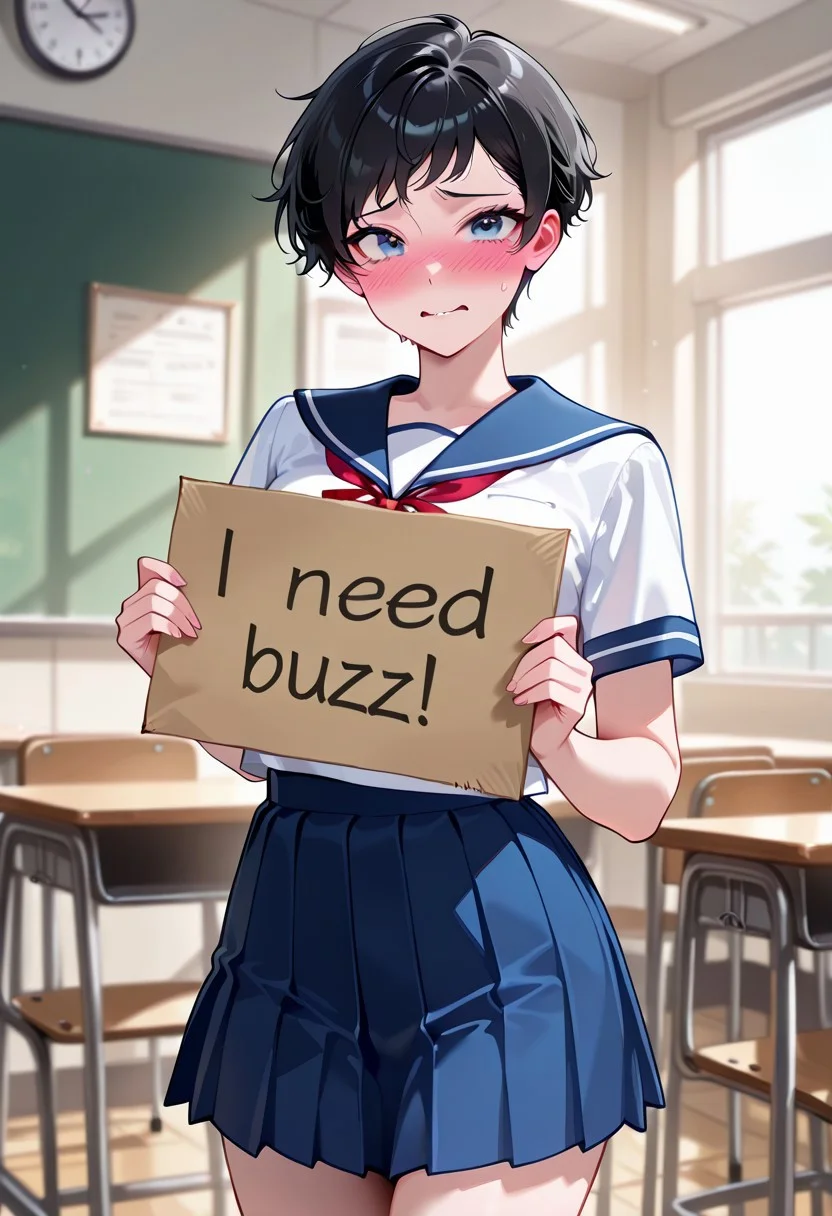 high res image, Beautiful girl with slim body, (masterpiece, detailed:1.2), (1girl:1.4), (blue eyes, black hair, short pixie cut hair), (dynamic poses), looking at viewer, (blushed red, embarrassed, flustered), Beautiful eyes, (small breasts), (slender body), (beautiful detailed face, beautiful detailed eyes), ((sailor fuku uniform, red ribbon, blue plated skirt)), classroom background, ((cowboy shot:1.3)), seductive, lustrous skin, lustful skin, erotic skin, (need_buzz, holding sign), ((holding cardboard sign that says "I NEED BUZZ"))