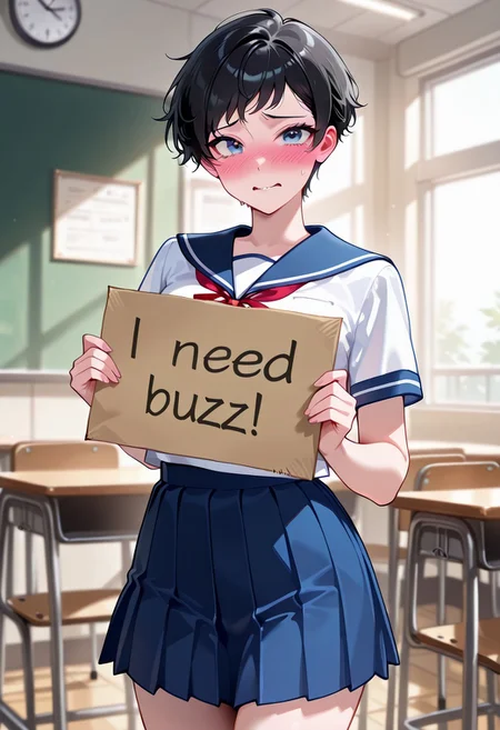 high res image, Beautiful girl with slim body, (masterpiece, detailed:1.2), (1girl:1.4), (blue eyes, black hair, short pixie cut hair), (dynamic poses), looking at viewer, (blushed red, embarrassed, flustered), Beautiful eyes, (small breasts), (slender body), (beautiful detailed face, beautiful detailed eyes), ((sailor fuku uniform, red ribbon, blue plated skirt)), classroom background, ((cowboy shot:1.3)), seductive, lustrous skin, lustful skin, erotic skin, (need_buzz, holding sign), ((holding cardboard sign that says "I NEED BUZZ"))
