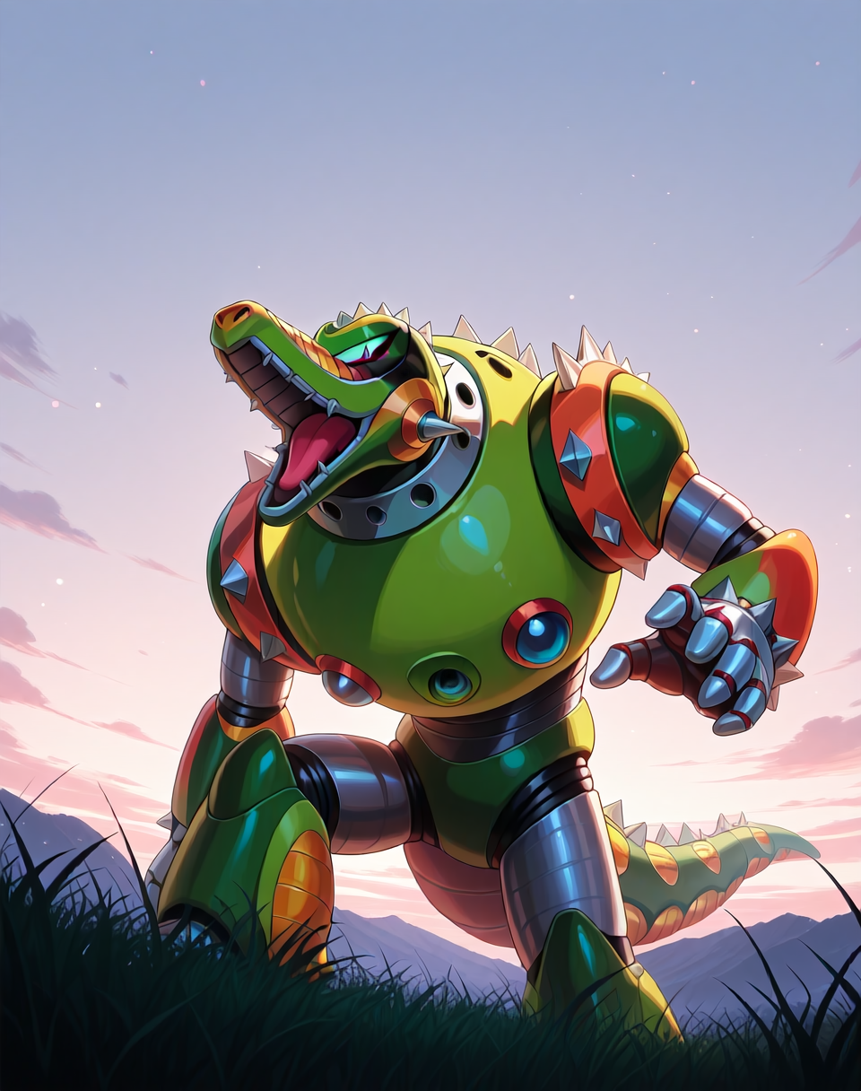 <lora:Wheel_Gator_(Mega_Man_X)_(Illustrious)_(AD):1.35> Wheel Gator, reploid, MMX, 
exterior, sky with clouds, grassy valley,
male focus, intense shadows, dynamic shadows, intricate details, attention to details, gradient coloring, bright vivid colors, robot, bent leg, glossy metal body, cowboy shot, 
BREAK very awe, masterpiece, best quality, amazing quality, very aesthetic, highres, absurdres, photographic realism, 8K CGI render, 
EZRealPONYXL, zPDXL, Smooth Quality, lazynsfw,