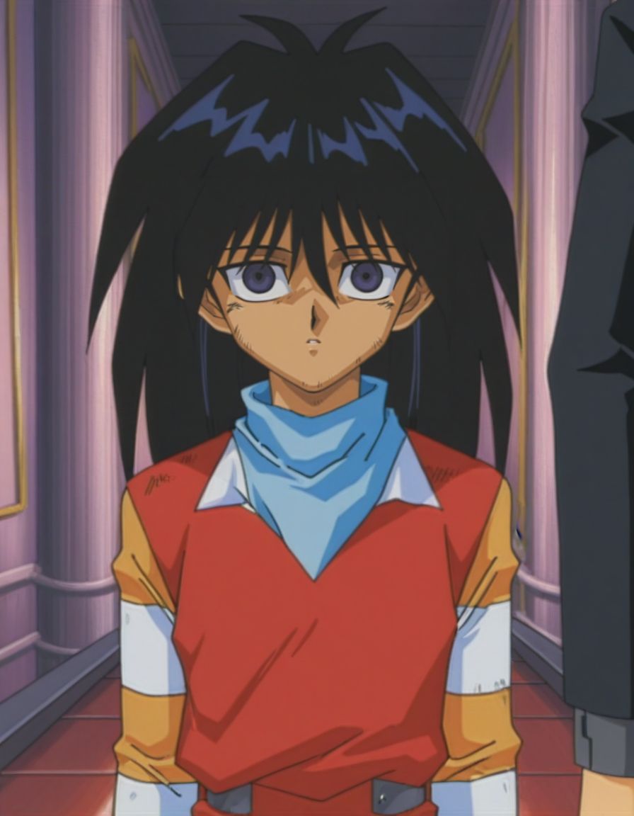 masterpiece, best quality, upper body, arms at sides, 
<lora:Mind_Controlled_Mokuba_1:0.9>, m0ku, 1boy, black hair, long hair, purple eyes, retro artsyle, 1990s (style),