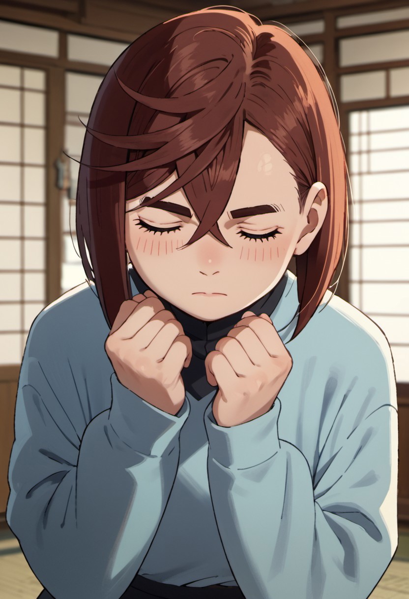 score_9, score_8_up, score_7_up, source_anime, ayase momo, auburn hair, short hair,1girl, solo, closed eyes, hair between eyes, closed mouth, long sleeves, blush, thick eyebrows, shouji, indoors