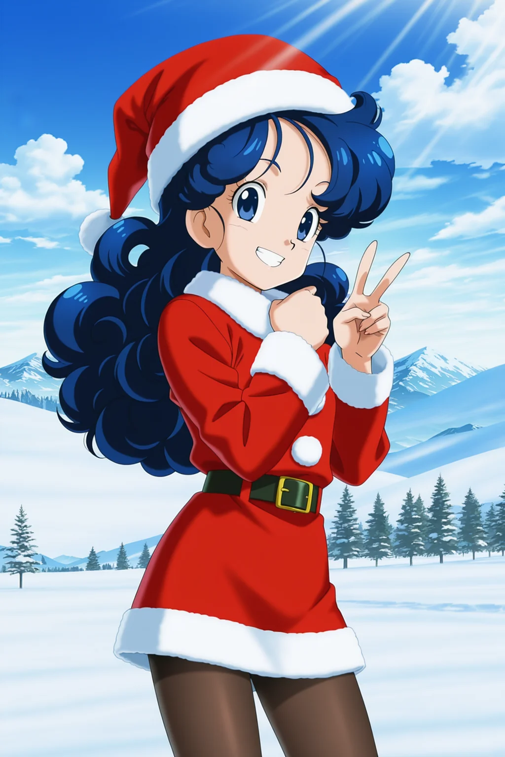 anime screencap, absurdres, high quality, official style,
official style, 1girl, solo, launch good, blue hair, long hair, curly hair, blue eyes, santa hat, santa costume, snow, cowboy shot, short skirt, pantyhose, belt, fur trim, smile, v, dappled sunlight, mountainous horizon, big smile, teeth,
snow, day, cloudy sky,
<lora:Launch_IL:0.8>