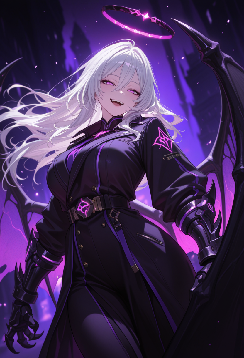 (masterpiece, best quality:1.2), amazing quality, very aesthetic, 32k, absurdres, newest, scenery,  
1girl, purple eyes, slit pupils, (white hair), long hair, sharp hair, floating hair, crazy eyes, evil grin, open mouth, black coat, neon trim, purple trim, gauntlets, sharp fingers, looking at viewer, belt, demon wings, huge wings, tall wings, halo, naughty face, purple theme, hair between eyes,
,half-closed eyes, mature female,
,dutch angle, dark background, (night:0.8), blurry background, glowing light particles, depth of field <lora:PHM_style_IL_v3.3:1.0>