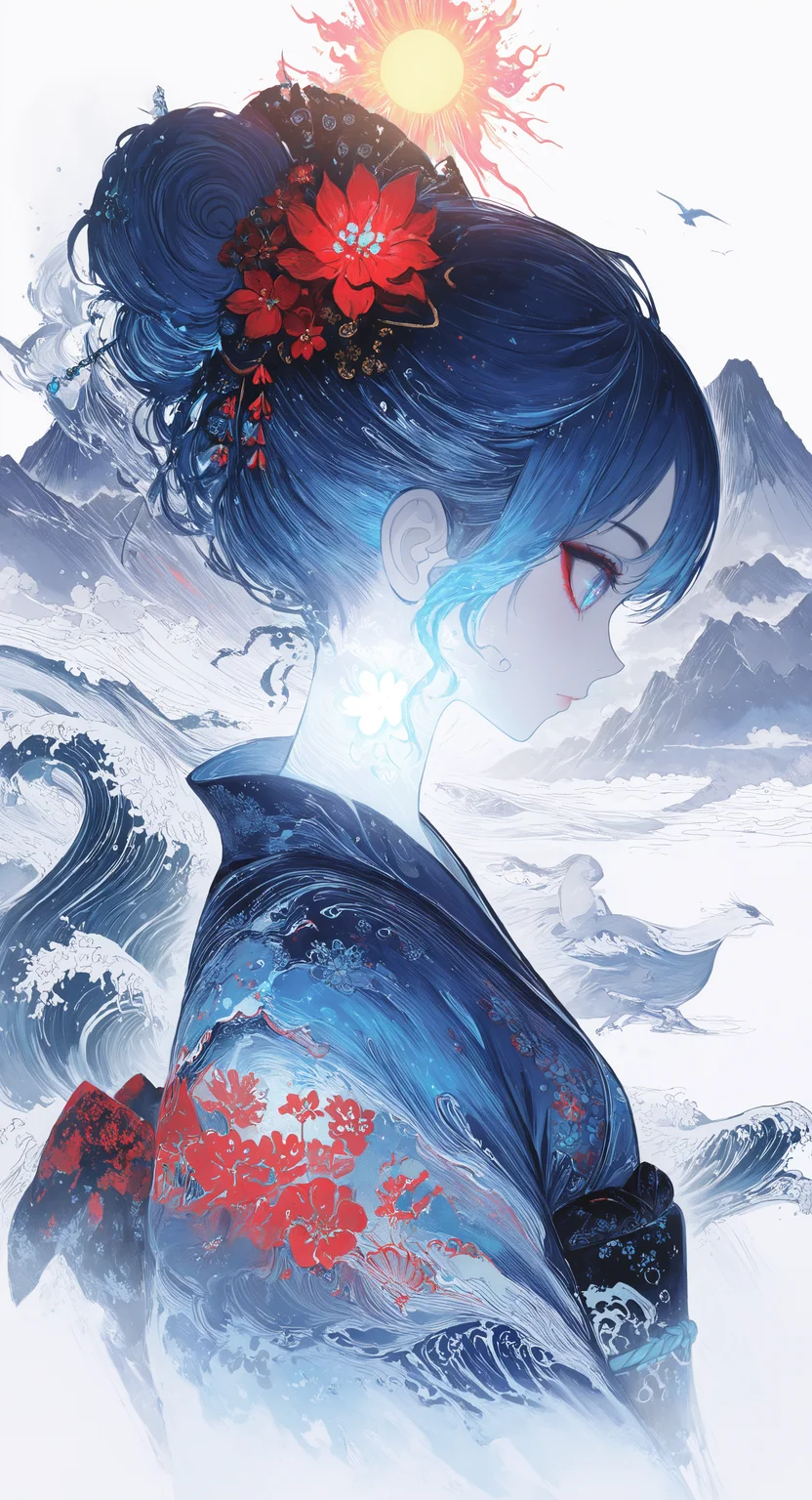 masterpiece, best quality, good quality, very awa, newest, highres, absurdres, 1girl, solo, blue eyes, hair ornament, white background, closed mouth, blue hair, upper body, flower, japanese clothes, cloud, hair flower, kimono, hair bun, water, from side, sash, profile, makeup, bird, floral print, obi, single hair bun, red flower, mountain, blue kimono, sun, print kimono, waves, updo, limited palette, sketch, glowing, psychedelic, <lora:illustriousXL_stabilizer_v1.23:0.3> <lora:NOOB_vp1_detailer_by_volnovik_v1:0.3> <lora:ponyv6_noobE11_2_adamW-000017:0.3> <lora:114558v4df2fsdf5:0.7> <lora:XXX667:0.5> <lora:mon_monmon2133:0.6>
