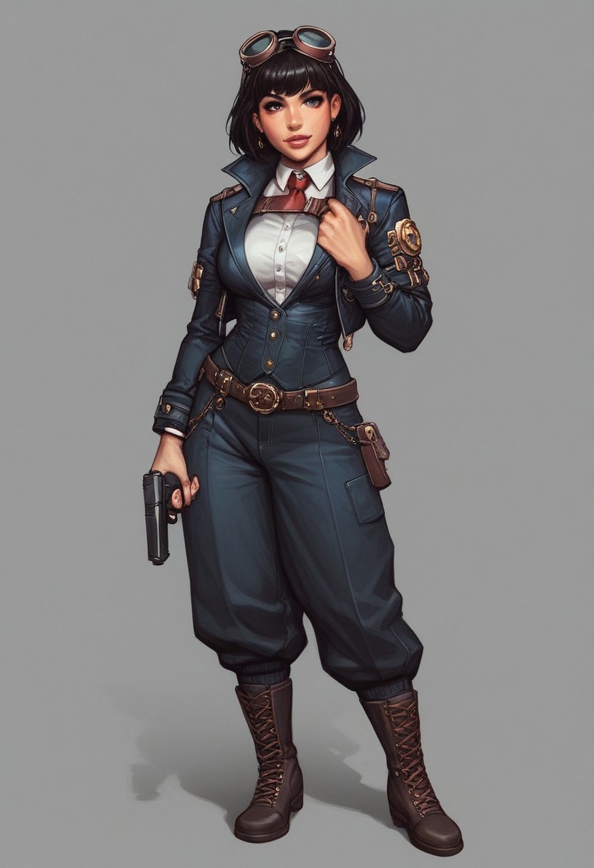 score_9, score_8_up, score_7_up, detailed photorealistic image, HD32k, abrsurdres, detailed face, detailed eyes,, portrait of girl, bangs, steampunk adventurer, goggles, steampunk street at night, neon, MechanicusStyleAI
(((full-clothed))), ((long big pistol in hands, handgun in hands))
BREAK 
strange world background score_9, score_8_up, score_7_up, score_6_up, source_cartoon, rating_explicit, Expressiveh, (((((full body))))), dynamic pose