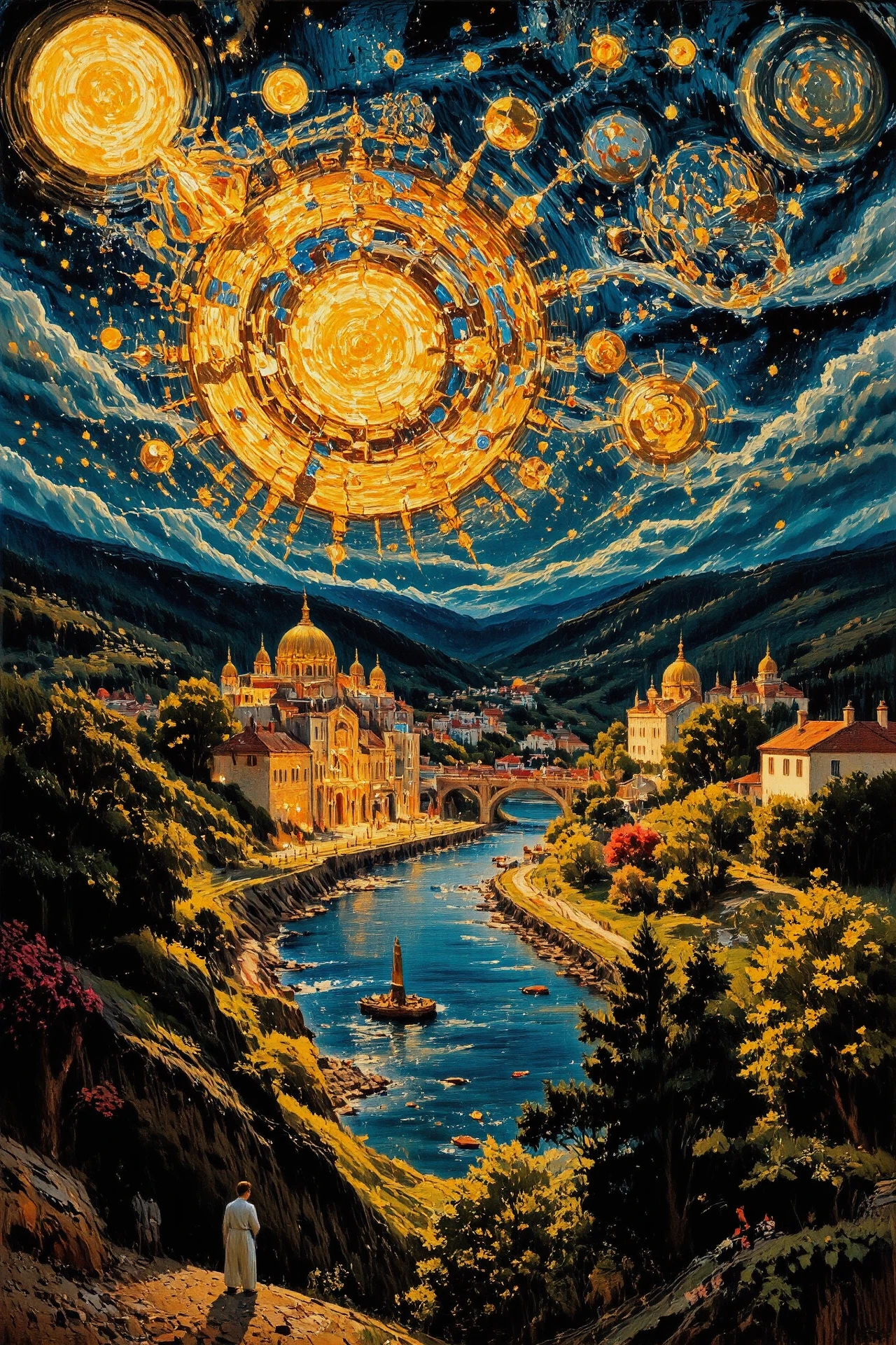 (roman city) Gabonese bright luminous starry night, beautiful landscape, woman, intricate, very detailed, sharp, colorful, multilayer surreal painting, <lora:Hand v2:1> <lora:Anti-Blur:1> <lora:Insane Detail Slider:0.5>   <lora:Flux.1_Turbo_Detailer:0.6> <lora:flux-photo-transparent_Alpha_1.0:0.8> <lora:flux.1_lora_flyway_Epic-detail_v2:0.6> <lora:Painterly01b_CE_FLUX_AIT:1> pntrlyCE_style, <lora:VividlySurreal:0.8>
