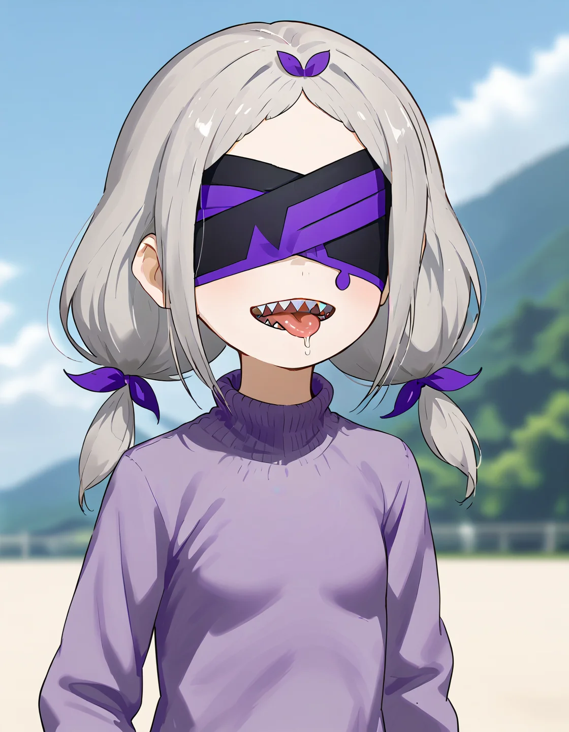 <lora:Daphne_ReZero_V2:1>, grey hair, daphne, blindfold, twintails, face, tongue out, sharp teeth, purple jumper, blue sky background, blurry background, female focus