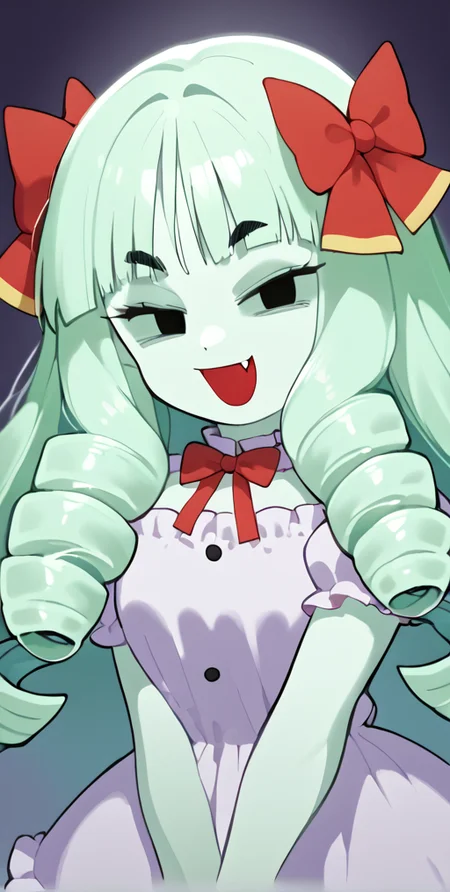 <lora:Inkerkton-PonyXL-1024px-v1.0:0.9> score_5_up,score_6_up,1girl,  looking at viewer, source_anime, solo, thick eyebrows, drill hair, anime coloring, Lady Bow, Boo, Ghost, ghostly skin, long hair, bangs, blunt bangs, laughing at viewer, black eyes, solid eyes, parted hair, frilly dress, personification, fang, smug, open mouth, <lora:Lady_Bow_Paper_Mario:1> <lora:naip33:1>