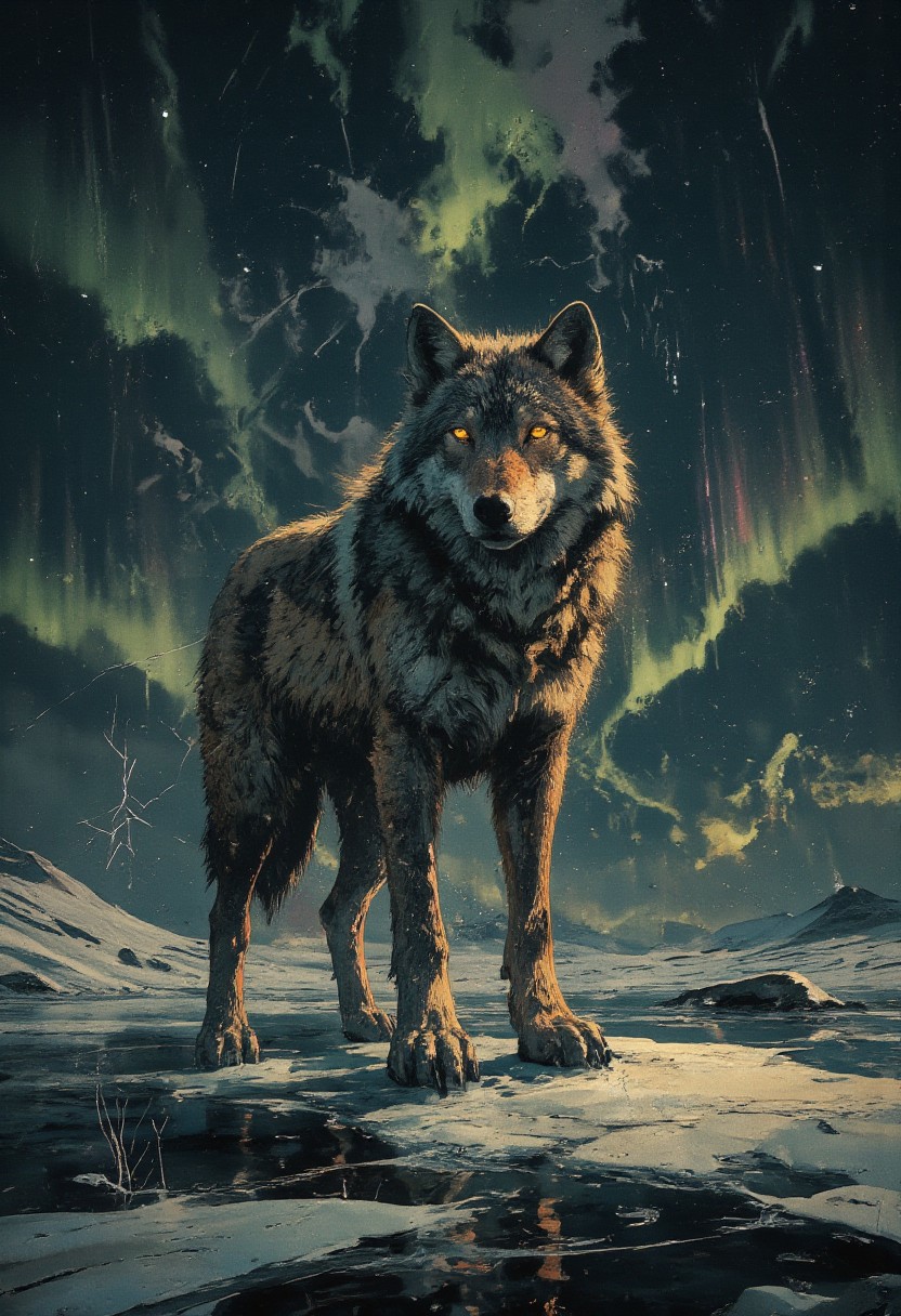 **A regal Arctic wolf, its keen amber eyes glowing like molten gold, stands poised atop a glassy expanse of frozen lake. The ice beneath its paws fractures into delicate, feather-like cracks that spiral outward, capturing the stillness of a subzero night. Moonlight bathes the wolf’s thick, frost-dusted fur in a silvery sheen, each strand shimmering as if dusted with crushed diamonds. Its breath curls into wispy plumes that dissolve into the crisp air, adding depth to the scene’s ethereal chill. Behind the wolf, the horizon melts into a dusky indigo sky, streaked with faint, ghostly ribbons of aurora borealis in muted greens and violets. The composition is stark yet dynamic, balancing the wolf’s powerful stance with the fragile beauty of the ice, all rendered in a monochromatic palette punctuated by the wolf’s fiery gaze—a silent sentinel in an endless, frozen realm.**