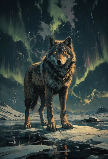 **A regal Arctic wolf, its keen amber eyes glowing like molten gold, stands poised atop a glassy expanse of frozen lake. The ice beneath its paws fractures into delicate, feather-like cracks that spiral outward, capturing the stillness of a subzero night. Moonlight bathes the wolf’s thick, frost-dusted fur in a silvery sheen, each strand shimmering as if dusted with crushed diamonds. Its breath curls into wispy plumes that dissolve into the crisp air, adding depth to the scene’s ethereal chill. Behind the wolf, the horizon melts into a dusky indigo sky, streaked with faint, ghostly ribbons of aurora borealis in muted greens and violets. The composition is stark yet dynamic, balancing the wolf’s powerful stance with the fragile beauty of the ice, all rendered in a monochromatic palette punctuated by the wolf’s fiery gaze—a silent sentinel in an endless, frozen realm.**