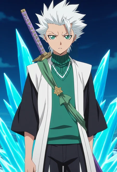 masterpiece, best quality, , anime screencap, anime coloring, , looking at viewer, , 1boy, solo, male focus, <lora:toushirou_hitsugaya_ilxl:0.98>, toushirou_hitsugaya, white hair, green eyes, spiked hair, , japanese clothes, haori. sword, ice, bankai, , Lurex Quilted shorts, Polo sweater vest, , ,