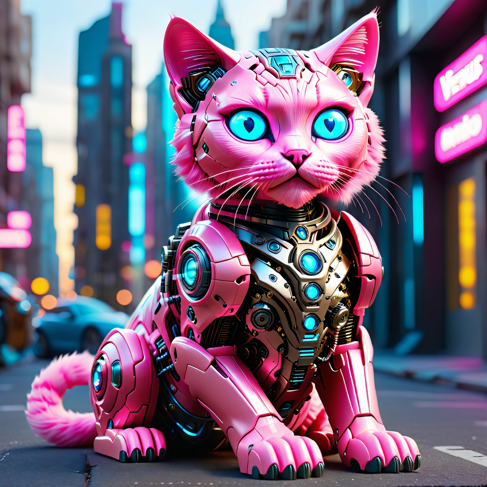 sitting hybrid full bio-mechanical cat with pink platic fur and blue glowing eyes in the streets of a futuristic mega city on the venus