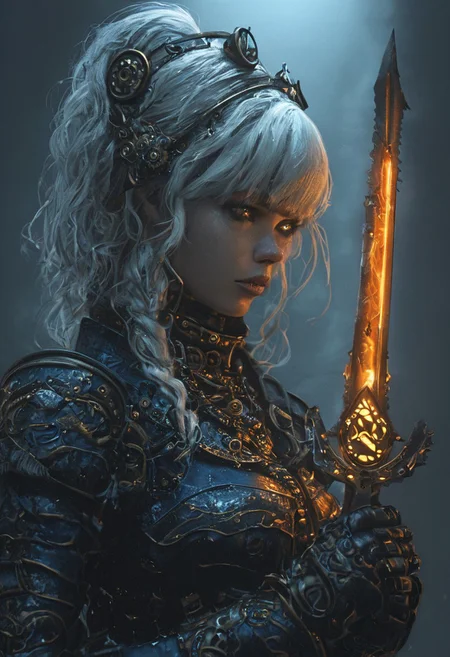 steampunk, clockwork eyes, steampunk ornate glowing clockwork armor, fantasy, bioshock, 4k quality, high resolution, steampunk town, glowing clockwork eyes, fog, realistic, demon, HKStyle, full body, walking, full moon behind, spectral, very detailed, steampunk town in background, warhammer, izzet, clockwork armor, clockwork heart, clock workshop, clockwork hairband, long white hair, photo realistic, lady, mechanical eyes, clockwork staff, woman, black, bun hairstyle, messy bun, looking forward, in a workshop, steampunk, lady, blue, red, goggles, man, holding sniper rifle