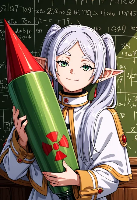 <lora:noobai_ep11_stabilizer_v0.114_fp16:0.8>1girl,frieren,green eyes,white hair,smirk,upper body,indoors,holding rocket with radiation symbol,math equation on wall,masterpiece,