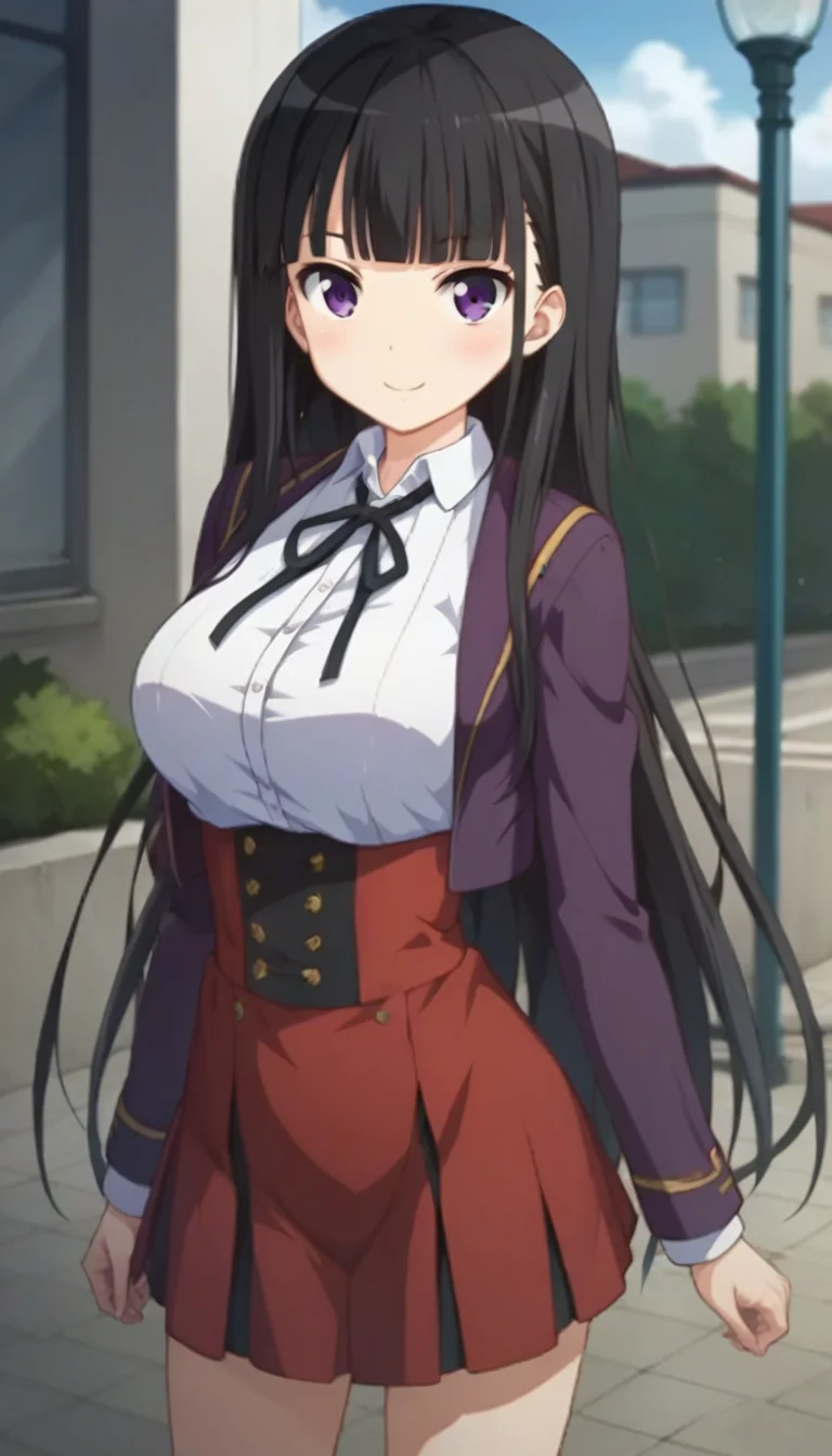 score_9,score_8_up,score_7_up,score_6_up BREAK official art,solo,outdoors,cowboy shot,looking at viewer,facing viewer,smile,blush,(petite:2),Kotoko Miura,very long hair,black hair,hime cut,blunt bangs,purple eyes,school uniform,purple jacket,white shirt,collared shirt,neck ribbon,black ribbon,large breasts,underbust,long sleeves,shirt tucked in,red skirt,high-waist skirt,black socks,uwabaki,white footwear,<lora:Kotoko Miura(jk ohaborssg)-Pony:1.4>,