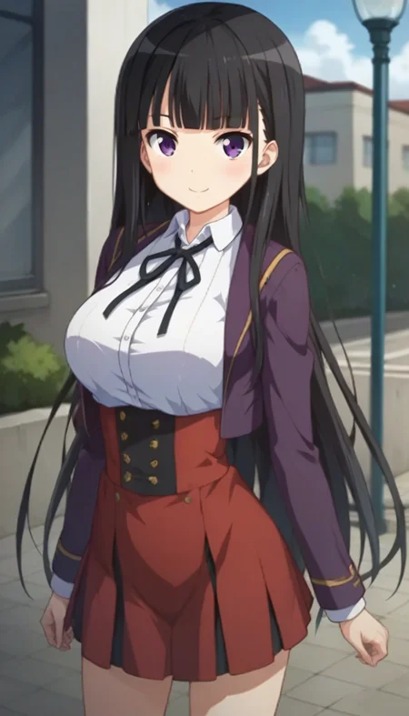 score_9,score_8_up,score_7_up,score_6_up BREAK official art,solo,outdoors,cowboy shot,looking at viewer,facing viewer,smile,blush,(petite:2),Kotoko Miura,very long hair,black hair,hime cut,blunt bangs,purple eyes,school uniform,purple jacket,white shirt,collared shirt,neck ribbon,black ribbon,large breasts,underbust,long sleeves,shirt tucked in,red skirt,high-waist skirt,black socks,uwabaki,white footwear,<lora:Kotoko Miura(jk ohaborssg)-Pony:1.4>,