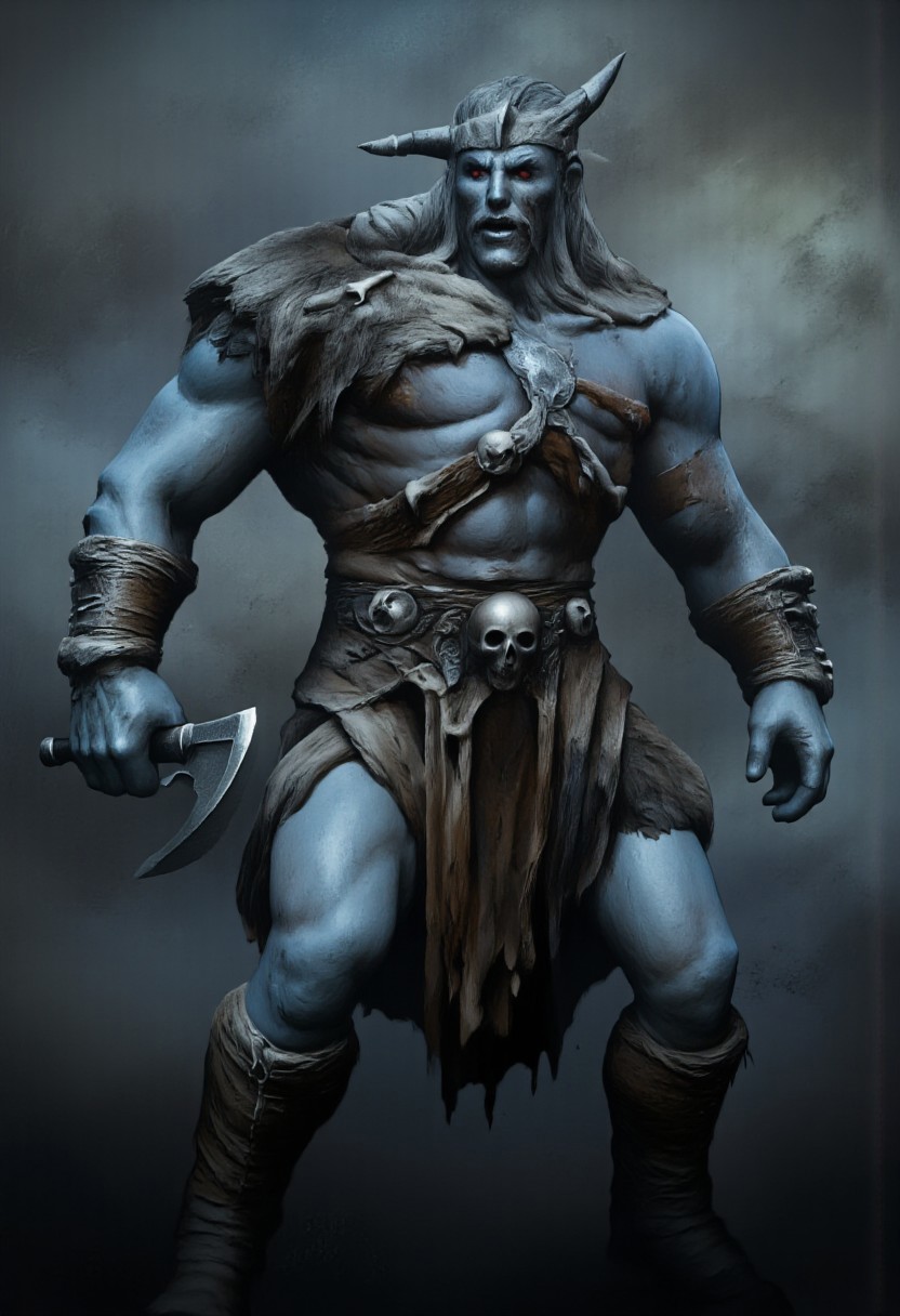 aidmaMJ6.1, Made out of paper, a PaperStyle , d4artstyle, d4concept, , d00mstyle, made of clay, ZBClay model of a gray sculpture
A towering, frost giant warrior with a powerful, muscular build and icy blue skin. The giant is adorned in rugged furs and leather armor, with bone and skull decorations that emphasize its barbaric nature. A long, braided gray beard flows down its chest, adding to its ancient and fearsome appearance. It wears a horned helmet that accentuates its imposing stature, while the shoulders are protected by animal pelts and bone adornments. In one hand, the giant grips a massive double-headed axe, the weapon's blade well-worn from countless battles. The expression on its weathered face conveys both wisdom and brutality, embodying the harshness of its arctic homeland. The overall design blends elements of Norse mythology with a sense of raw, primal strength.
Background solid color with a faded dimly lit, fog-covered darkness tone that emphasizes its silhouette. 
 The medium is not a traditional painting or illustrative medium like watercolor or ink but rather a digital rendering, eerie and unsettling.