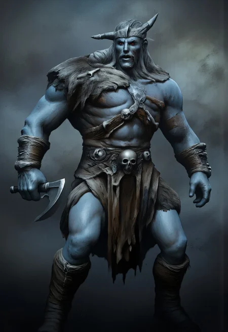 aidmaMJ6.1, Made out of paper, a PaperStyle , d4artstyle, d4concept, , d00mstyle, made of clay, ZBClay model of a gray sculpture
A towering, frost giant warrior with a powerful, muscular build and icy blue skin. The giant is adorned in rugged furs and leather armor, with bone and skull decorations that emphasize its barbaric nature. A long, braided gray beard flows down its chest, adding to its ancient and fearsome appearance. It wears a horned helmet that accentuates its imposing stature, while the shoulders are protected by animal pelts and bone adornments. In one hand, the giant grips a massive double-headed axe, the weapon's blade well-worn from countless battles. The expression on its weathered face conveys both wisdom and brutality, embodying the harshness of its arctic homeland. The overall design blends elements of Norse mythology with a sense of raw, primal strength.
Background solid color with a faded dimly lit, fog-covered darkness tone that emphasizes its silhouette.
The medium is not a traditional painting or illustrative medium like watercolor or ink but rather a digital rendering, eerie and unsettling.
