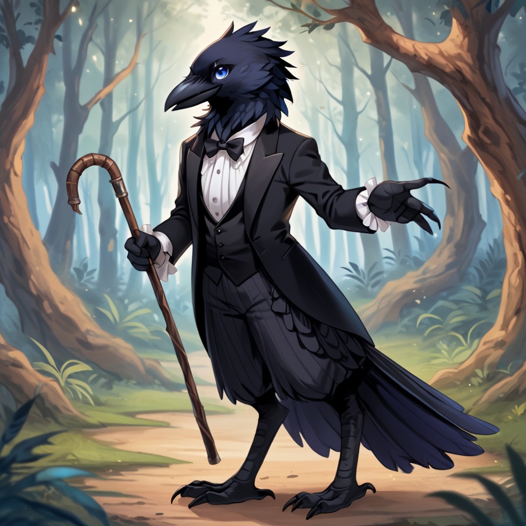 (((detailed, beautiful, high quality))), score_9, score_8_up, score_7_up, ((solo)), 
kenku, anthro bird, anthro crow, plumage,
1 boy, male focus, blue eyes, black tuxedo, white frill, holding a cane,
looking at viewer, posing,
fantasy background, blurred background, forest background,