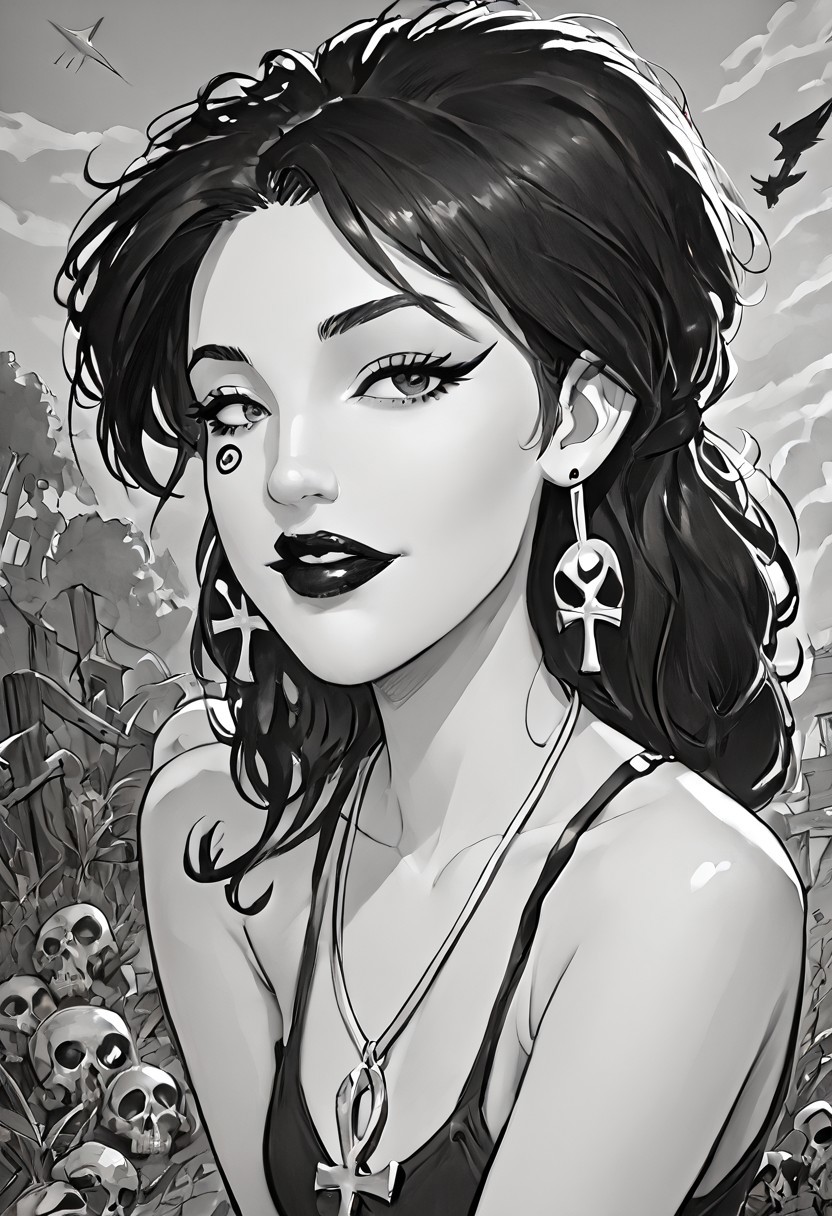 score_9, score_8_up,source_photo,hyper-realistic,perfect lighting,realistic lighting,high quality, Comet Gurl
Break
dsk_death, 1girl, earrings, jewelry, necklace, ankh necklace, monochrome, traditional media, sketch, black lips, cross earrings, long hair, lipstick, makeup, skull, looking at viewer, comic art style, death_of_the_endless\(sandman\), greyscale, monochrome, cinematic angle, cinematic lighting, BREAK zPDXL2 PonyXLV6_Scores