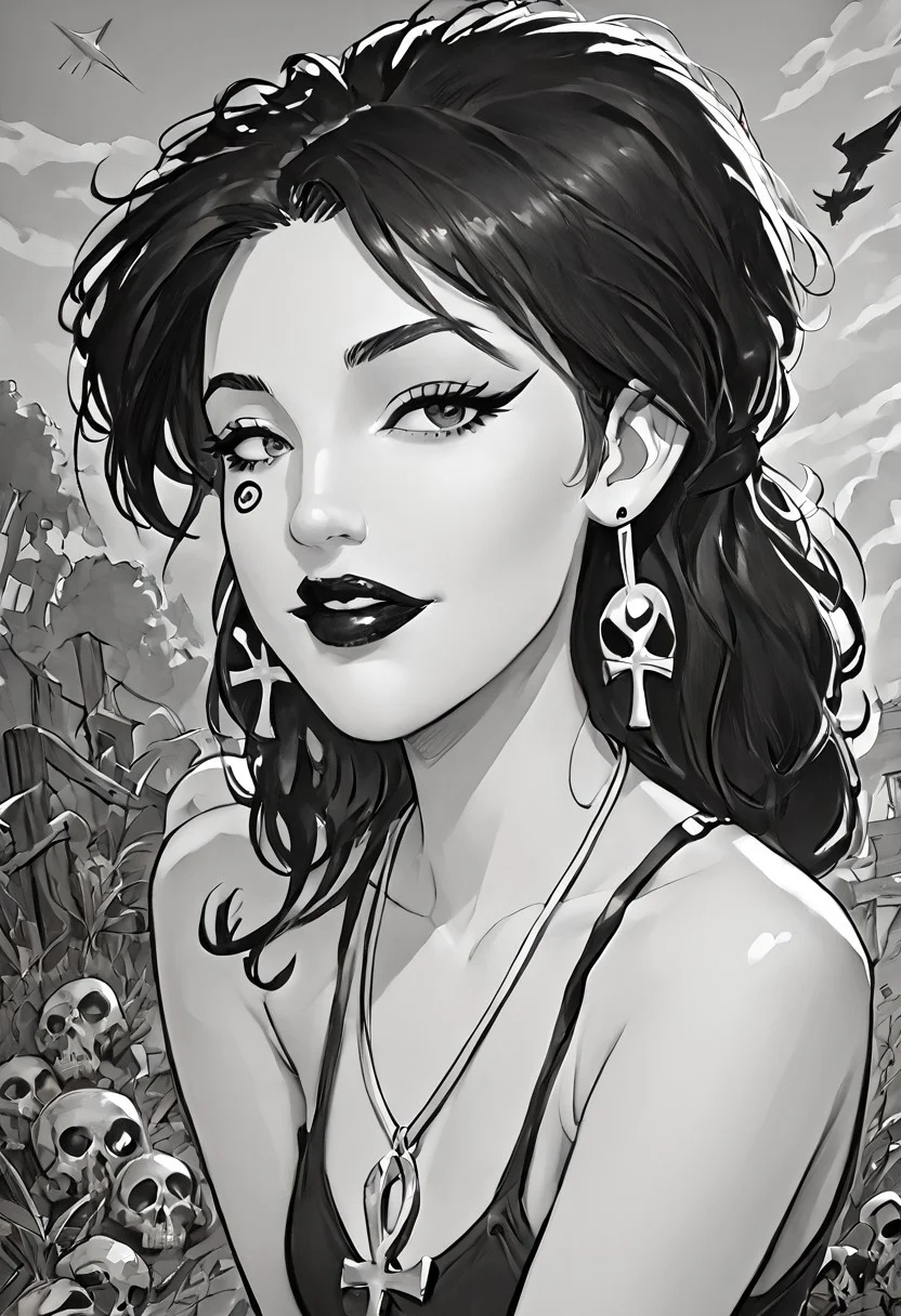 score_9, score_8_up,source_photo,hyper-realistic,perfect lighting,realistic lighting,high quality, Comet Gurl
Break
dsk_death, 1girl, earrings, jewelry, necklace, ankh necklace, monochrome, traditional media, sketch, black lips, cross earrings, long hair, lipstick, makeup, skull, looking at viewer, comic art style, death_of_the_endless\(sandman\), greyscale, monochrome, cinematic angle, cinematic lighting, BREAK zPDXL2 PonyXLV6_Scores