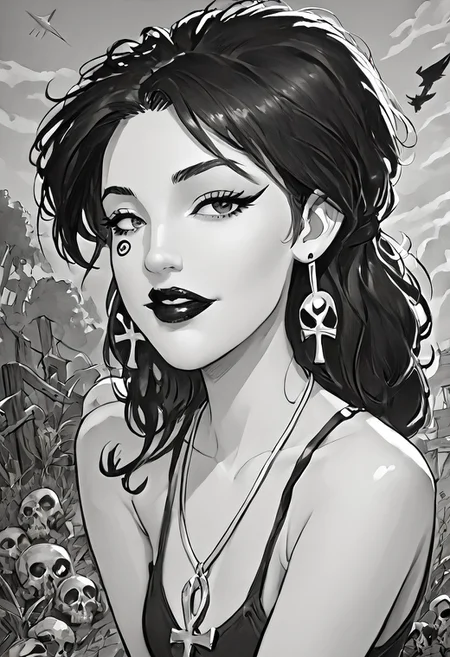 score_9, score_8_up,source_photo,hyper-realistic,perfect lighting,realistic lighting,high quality, Comet Gurl
Break
dsk_death, 1girl, earrings, jewelry, necklace, ankh necklace, monochrome, traditional media, sketch, black lips, cross earrings, long hair, lipstick, makeup, skull, looking at viewer, comic art style, death_of_the_endless\(sandman\), greyscale, monochrome, cinematic angle, cinematic lighting, BREAK zPDXL2 PonyXLV6_Scores