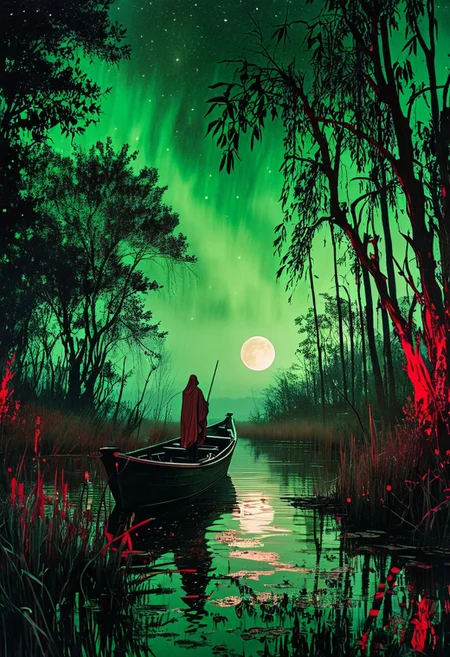 linquivera, Ink illustration, (anime:0.5), red and green tones, aged black red paper, inkpunk, moonlight,surreal, a ghost standing on a boat in swampy wetlands, (at a distance), Will-o'-the-wisp, moonlit, lonely, solitude, windy, tall trees, willows, willowy, OverallDetail, extremely detailed, UHD,(long exposure , dystopian but extremely beautiful:1.4),