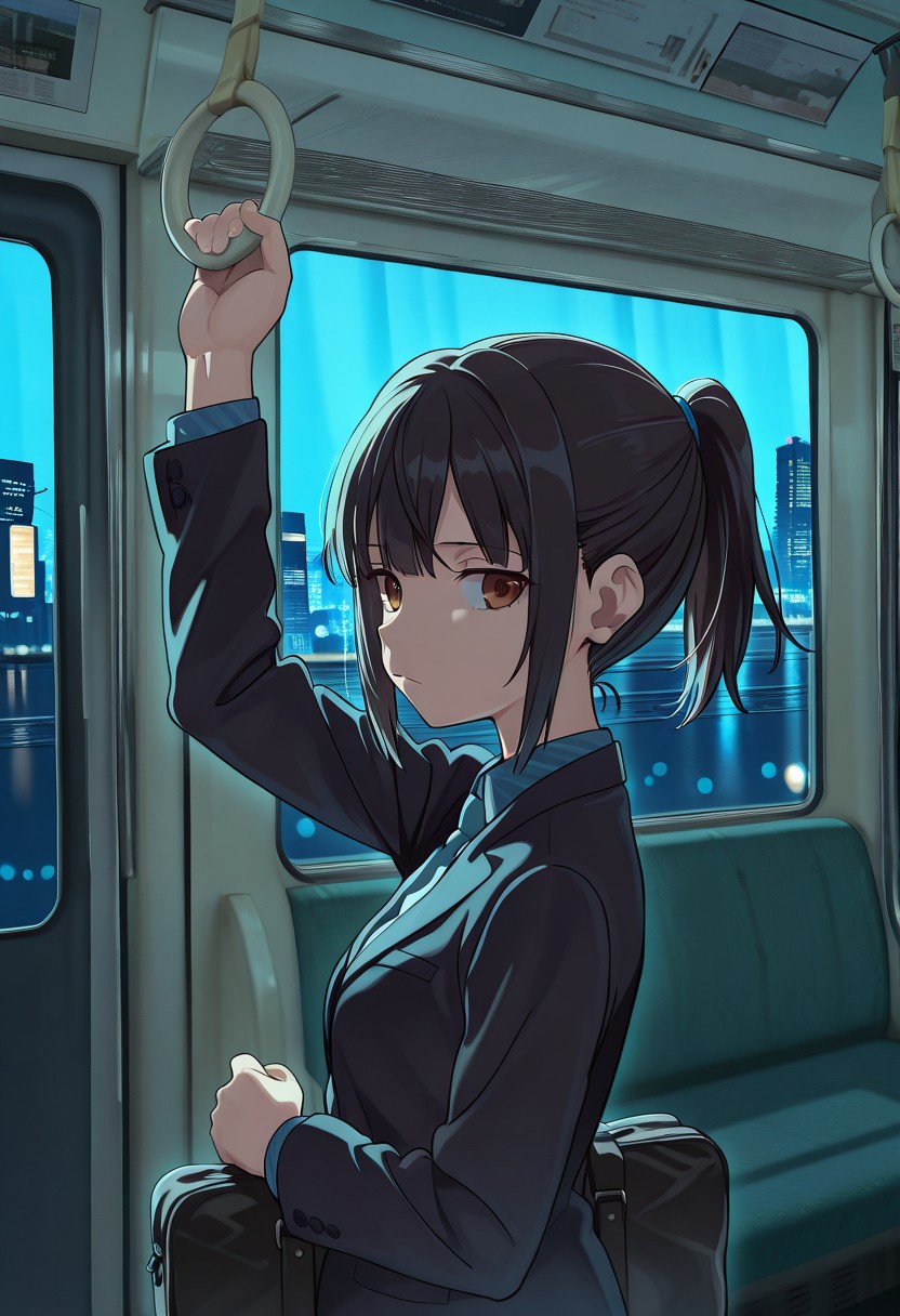 great quality,scenery,,(almic,akakura,ogipote,dikko:0.7), (sincos:0.6), , holding hand grip,train interior,arm up,hand up,1girl,holding bag,black hair,brown eyes,ponytail,suit,from side,night background,bokeh,neon night building from window,dark background,holding black bag,:/,sad,(blue neon),black night background,intensed shadow,(blue ceiling light)