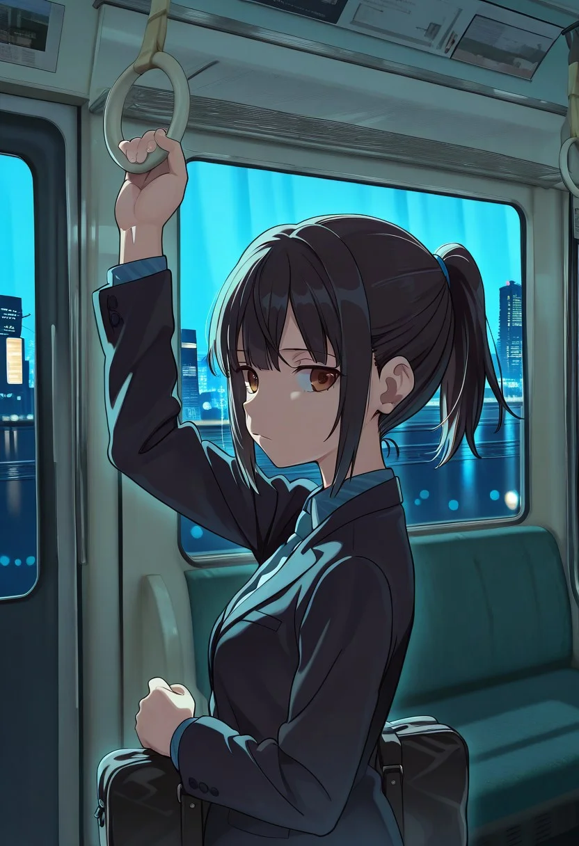 great quality,scenery,,(almic,akakura,ogipote,dikko:0.7), (sincos:0.6), , holding hand grip,train interior,arm up,hand up,1girl,holding bag,black hair,brown eyes,ponytail,suit,from side,night background,bokeh,neon night building from window,dark background,holding black bag,:/,sad,(blue neon),black night background,intensed shadow,(blue ceiling light)