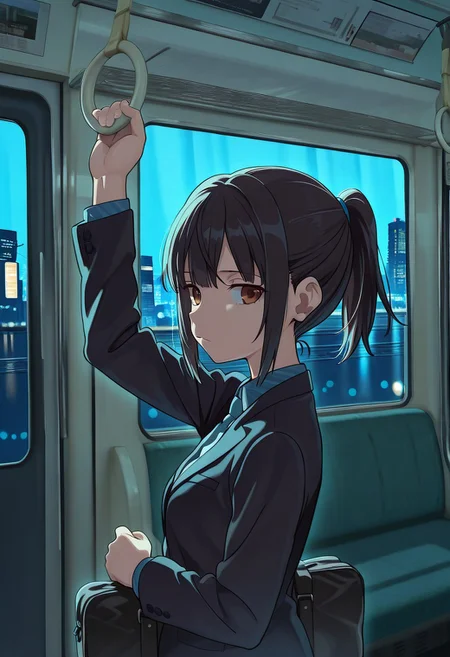 great quality,scenery,,(almic,akakura,ogipote,dikko:0.7), (sincos:0.6), , holding hand grip,train interior,arm up,hand up,1girl,holding bag,black hair,brown eyes,ponytail,suit,from side,night background,bokeh,neon night building from window,dark background,holding black bag,:/,sad,(blue neon),black night background,intensed shadow,(blue ceiling light)