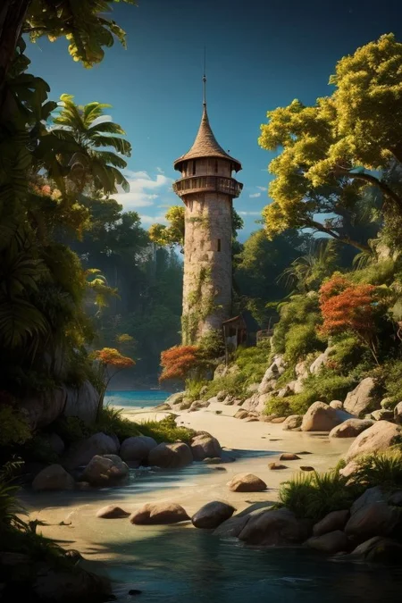 realistic analog photo, award winning photo, vary wide shot of stone witow tower:1.3, (Military watchtower), beach, dirt road, nature, outdoors, RAW, highres, 8k, uhd, High Dynamic Range, tonemapping, crisp details, no humans, palm tree, plant, rock, scenery, shore, sky, summer, sunlight, tree