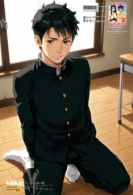 safe_pos, (Aaaild, Aaadjd, manga cover, magazine cover, text) source_anime, safe_pos, perfect anatomy, perfect proportions, best quality, masterpiece, high_resolution, high quality, solo focus, male focus, male only, bara, gay, homo, mature, masculine, manly, virile, macho, hunky, rugged, beefy, handsome, alluring, seductive, heroic, serious, grim, stern, unsociability, bluntness, gruffness, naughty face, dazed, looking at viewer, focusing gaze, (view from above), BREAK (asian man, dark eyes, black hair, sideburns, facial hair, thin stubble), BREAK (gakuran, black gakuran, black clothes, closed clothes, long sleeves, black pants, white socks), BREAK kneeling on floor, leaning foreward, hand behind back, contemplative expression, horny, kinky, domination, heavy breathing, enticed, shading, countershading, indoors, classroom, wooden floor