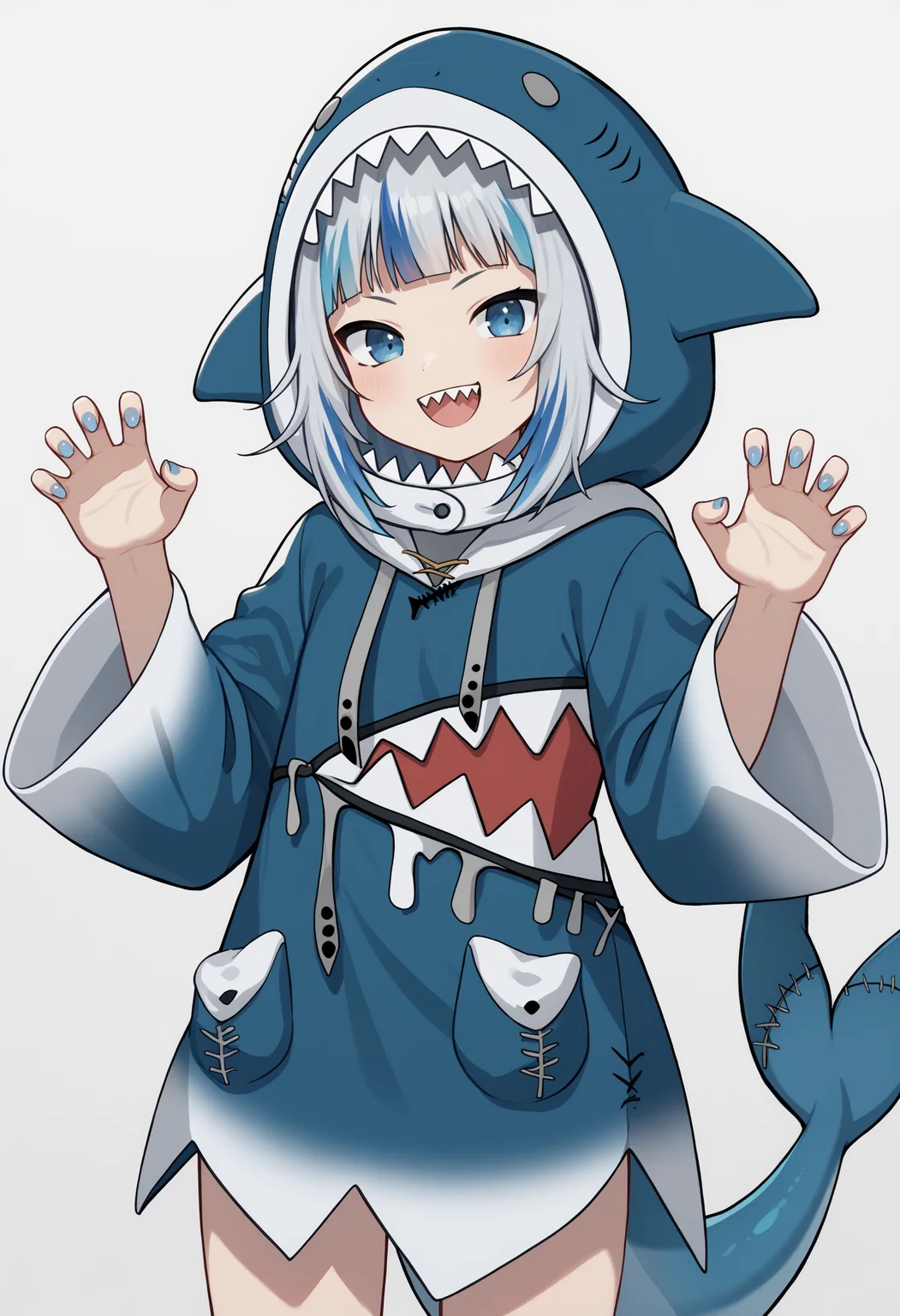 score_9, score_8_up, score_7_up, source_anime, ggdef, shark girl, blue eyes, blue hair, grey hair, multicolored hair, streaked hair, blunt bangs, sharp teeth, nail polish, blue nails, shark tail, fins, shark hood, hood up, long sleeves, wide sleeves, sleeves past wrists, drawstring, shark costume, cowboy shot, smile, happy, looking at viewer, claw pose<lora:GawrGuraPonyXLv6-20:1>