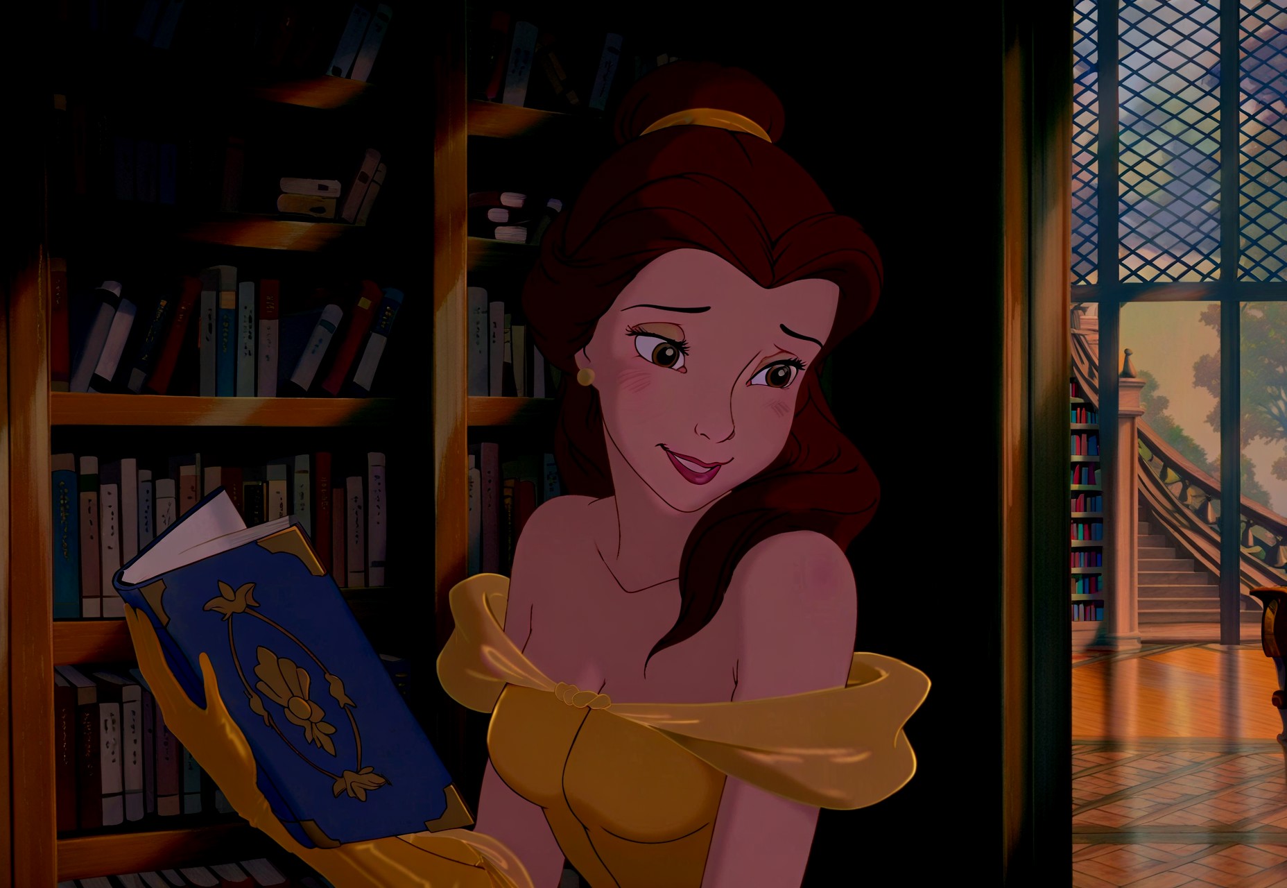 masterpiece, absurdres, highres, (anime screencap:2, anime coloring:2), on-model, accurate art style, show accurate, cartoon screencap, movie accurate, official screencap, style parody, flat colors, official art, proper proportions, extremely detailed, newest, BREAK, 1girl, girl is 25, mature girl, mature female, belle (character), long hair, brown hair, single hair bun, hair ribbon, ribbon, golden yellow ribbon, brown eyes, lipstick, blush, earrings, jewelry, gloves, yellow dress, ballgown, yellow ballgown, bare shoulders, smile, holding a book, BREAK, detailed background, indoors, library, day, BREAK, vibrant colors, cinematic lighting, 75% soft lighting, 25% dark lighting
