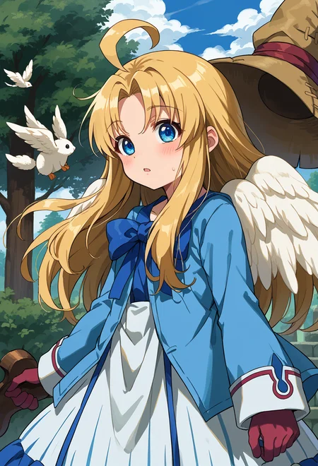 score_9, score_7_up, source_anime, BREAK <lora:AEFilo:0.9> AEFilo, blue eyes, blonde hair, ahoge, long hair, white wings, <lora:BlackMageCostumeSDXL-V1:1> bmcostume