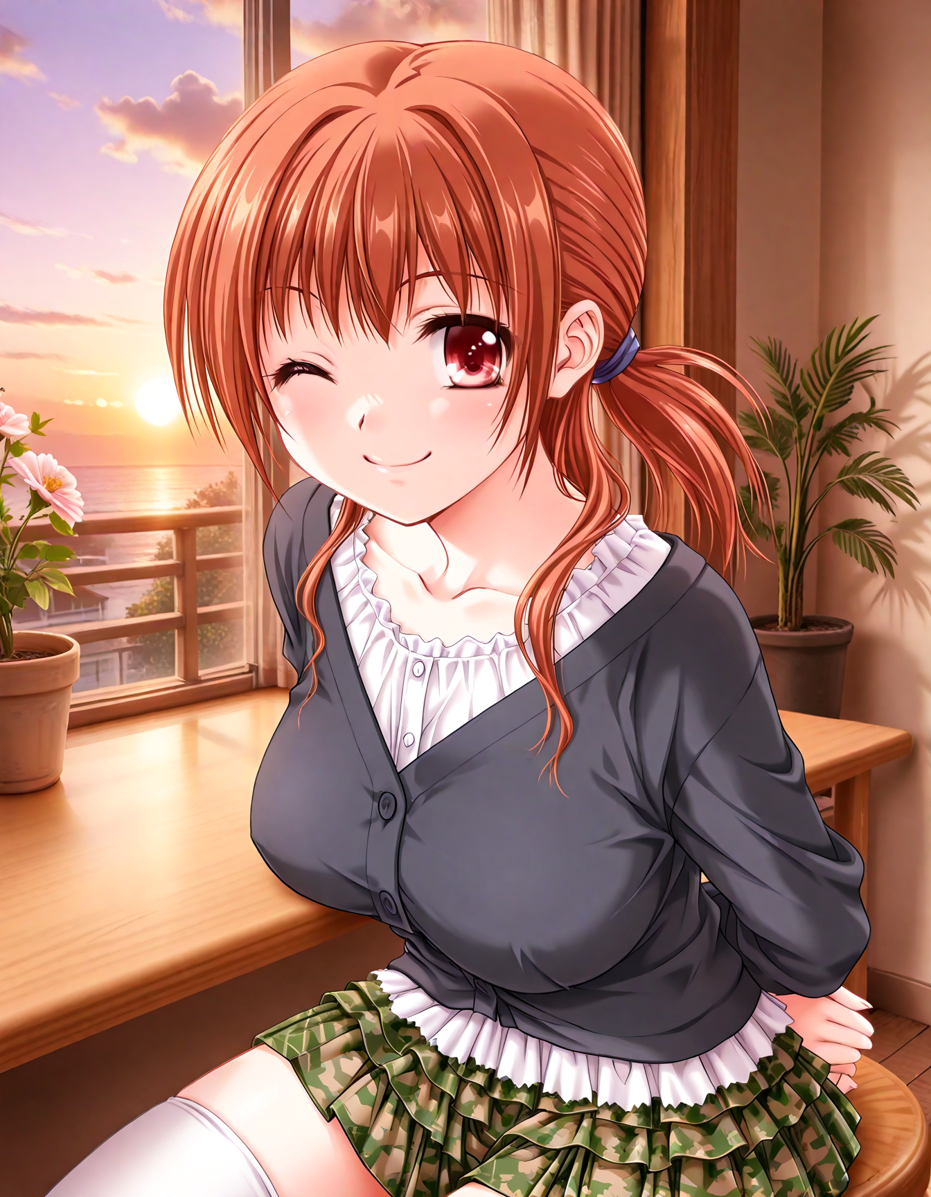 (1girl, solo:1.3), (2girls, 3girls, 4girls, multiple girls, 2boys, 3boys, 4boys, multiple boys:-1.5) <lora:Kazuyagi_Akane_Gore_Screaming_Show_Illustrious:0.9>, Kazuyagi_Akane, large breasts, red eyes, brown eyes, brown hair, long hair, low ponytail, cardigan, black cardigan, long sleeves, blouse, white blouse, green skirt, camouflage, white legwear, smile, one eye closed, general, contrapposto, dynamic pose, arms behind back, upper body, from side, pov, , (close-up, face focus:1.2), indoors, dining room, cafe table, stool, sitting on stool, window, outdoor view, curtains, plant, potted plant, flower, (perspective:0.7), <lora:NOOB_EPSv1_1_detailer_by_vlnvk_v1_0:1.5>, (photo background:0.7), evening, (tachibana yuu:0.6), inue shinsuke, (kazuma muramasa:0.0), saikawa yusa, (aoi manabu:0.6), abarerumidori, (suzui narumi:0.6), masterpiece, newest, absurdres, 8K, anime screenshot, anime coloring, flat color, official art, film grain, <lora:illustriousXLv01_stabilizer_v1.185c:0.7>, <lora:LECO_Solo:-4.0>,
