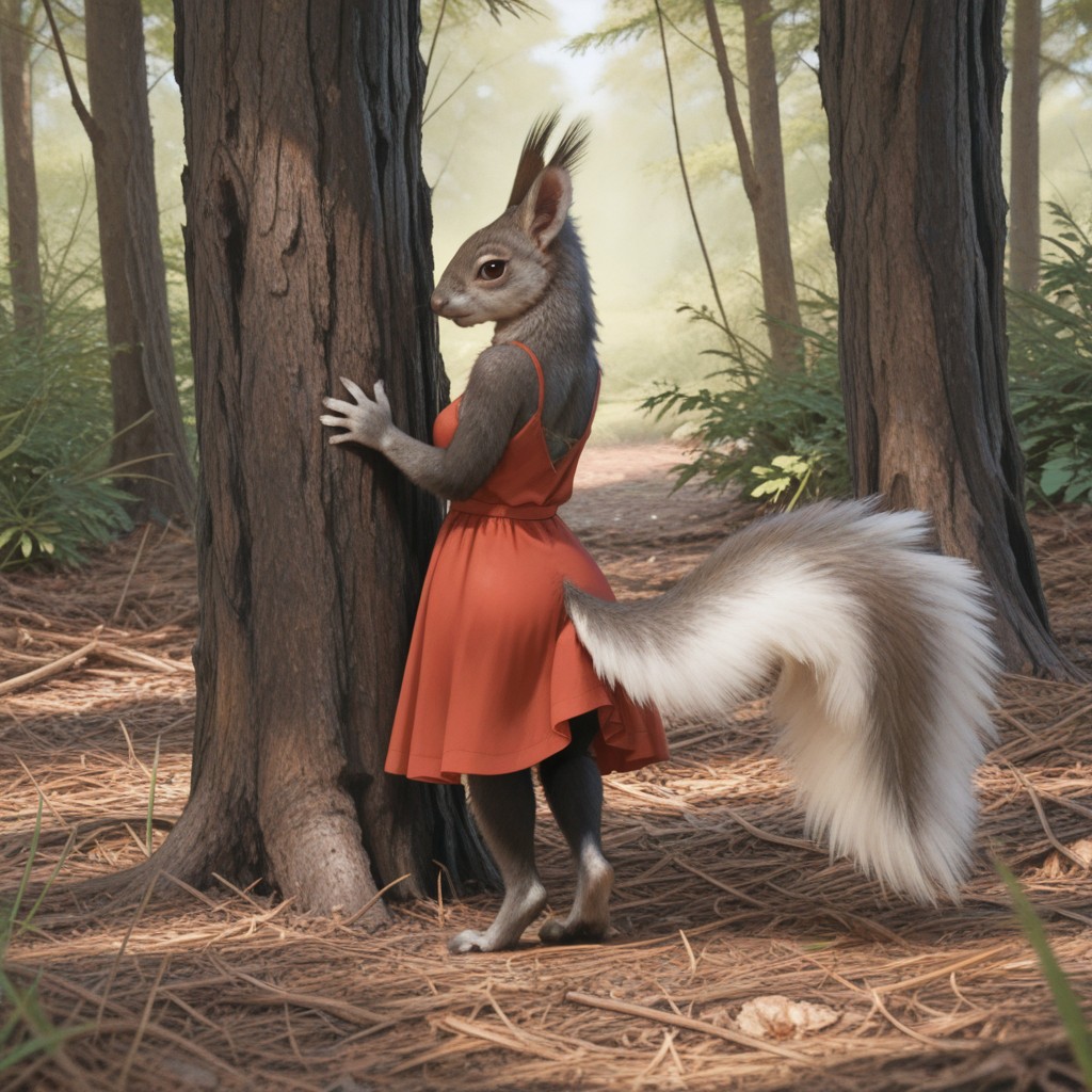 masterpiece, best quality, amazing quality, kaibabsqrrl, anthro, kaibab_squirrel, two-tune fur, grey fur, brown fur, squirrel tail, white tail, ear tufts , standing in forest, looking at viewer, full body, red dress, solo, , <lora:c9875cab-fdc7-41ff-885b-798679b55445:0.9>