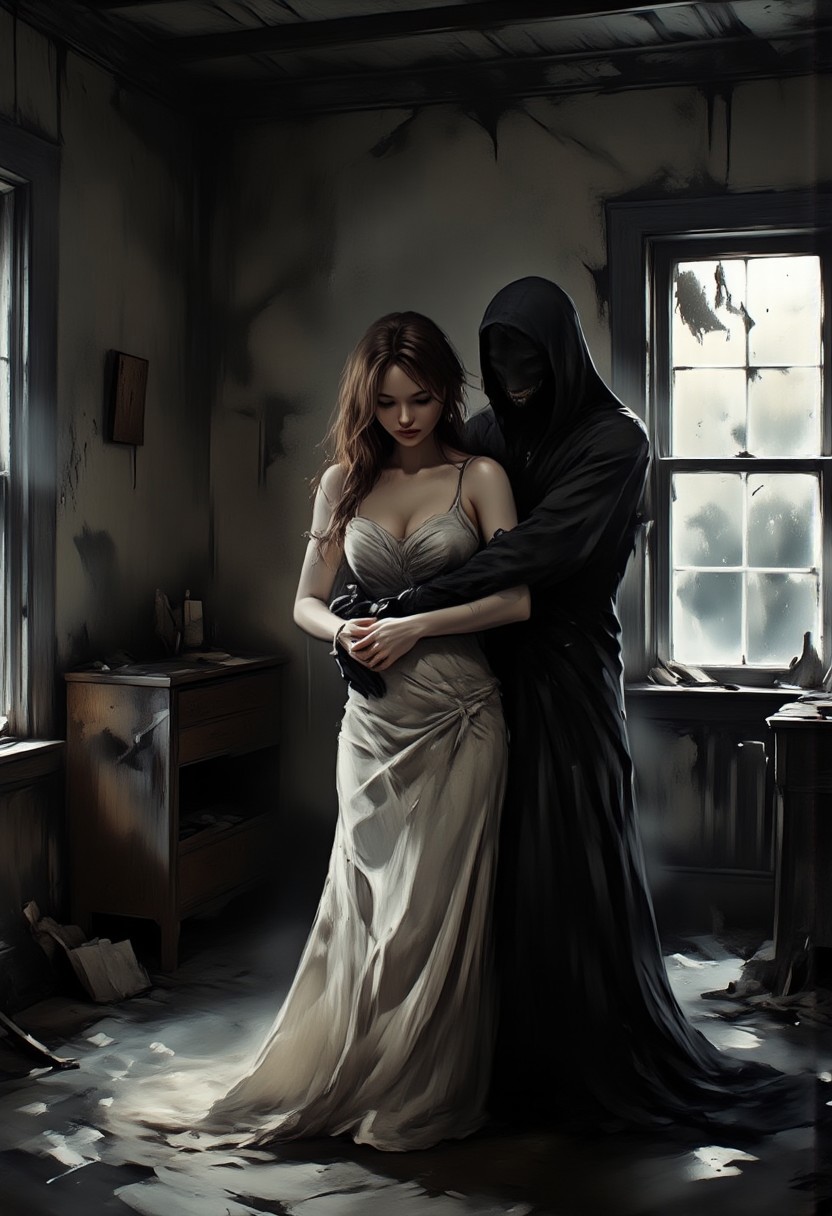 the focus of the picture is a petite-looking, elegant woman. dressed in a slightly dirty, old, white, floor-length dress. the head is slightly lowered. her long hair, somewhat disheveled, falls over her face. Behind her you can see the horror silhouette of a dark looking black apparition. The silhouette combines all the hate, pain and sadness of the woman. The silhouette puts her arms on the woman's body from behind and hugs her. The woman is standing in a room of a dirty, old abandoned house. from side, aidmamj6.1, sh4dowre4lm, uocssh4dowre4lm, shadowrealm, shadow realm, dark, horror, fear, darkest, nightmare, dinkwfsn