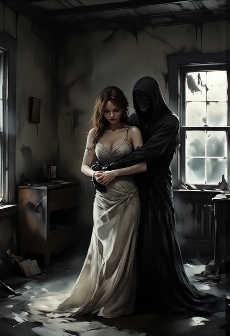 the focus of the picture is a petite-looking, elegant woman. dressed in a slightly dirty, old, white, floor-length dress. the head is slightly lowered. her long hair, somewhat disheveled, falls over her face. Behind her you can see the horror silhouette of a dark looking black apparition. The silhouette combines all the hate, pain and sadness of the woman. The silhouette puts her arms on the woman's body from behind and hugs her. The woman is standing in a room of a dirty, old abandoned house. from side, aidmamj6.1, sh4dowre4lm, uocssh4dowre4lm, shadowrealm, shadow realm, dark, horror, fear, darkest, nightmare, dinkwfsn