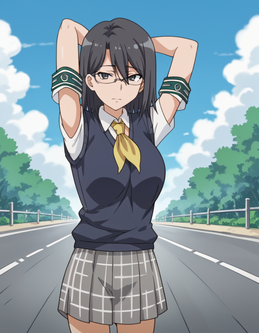 score_9, score_8_up, score_7_up, source_anime, <lora:mii-konori-s1-ponyxl-lora-nochekaiser:1>, mii konori, short hair, black hair, black eyes, glasses, hair between eyes, mature female, anime screencap,, skirt, school uniform, plaid skirt, armband, sweater vest, neckerchief, yellow neckerchief, green armband, pleated skirt,, bridge, connection, water, road, cars, , <lora:mememe-dance-ponyxl-lora-nochekaiser:1>, mememe dance, me!me!me! dance (meme), dancing, ass shake, arms up,, looking at viewer, solo,, dutch angle, cowboy shot