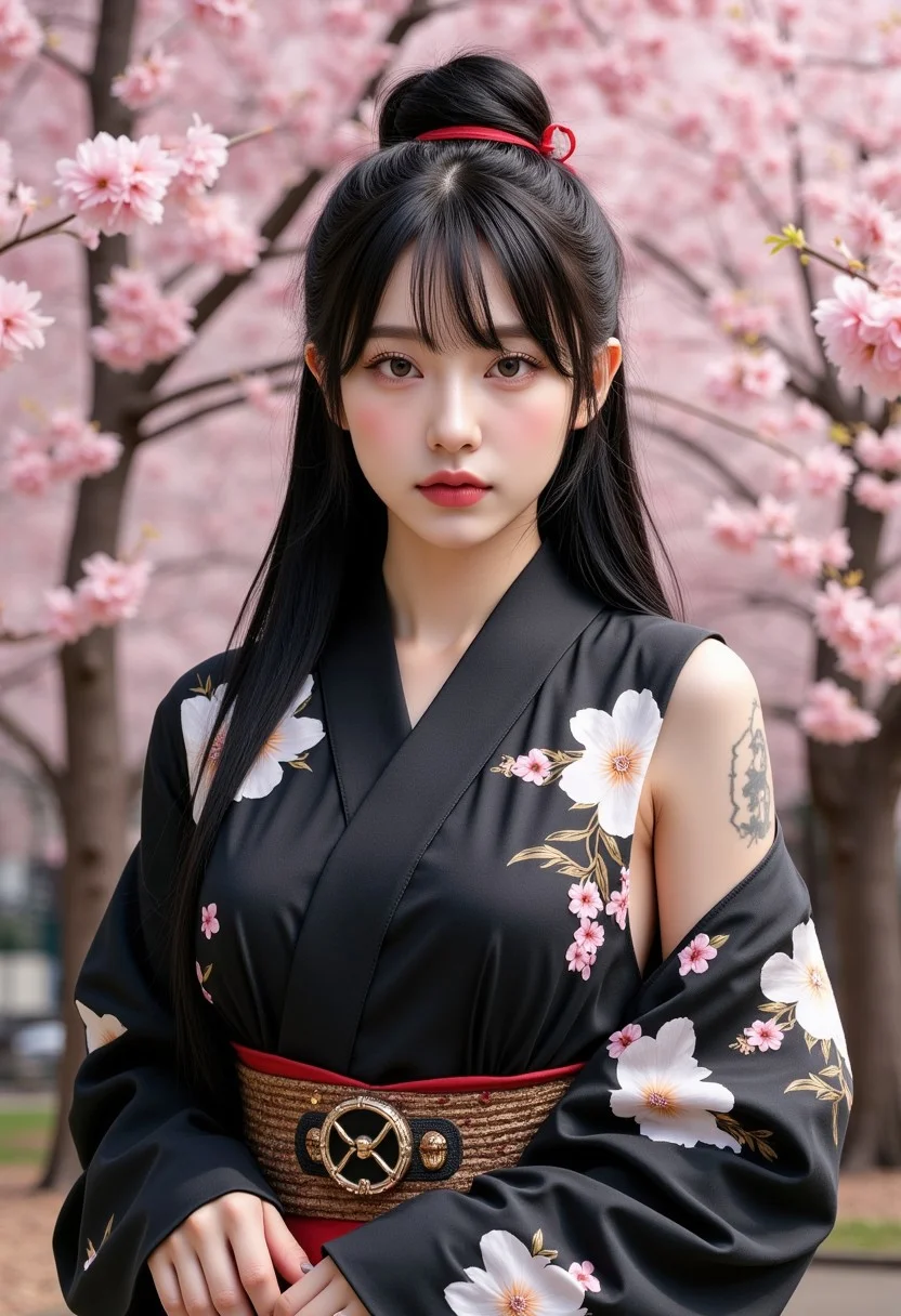 1 girl, black hair, black eyes, long hair, bun hair, hair accessories, full body, (full of cherry blossoms in the background), standing, (black and white kimono:1.2), (yakuza:1.2), (tattoo:1.2), real art, (masterpiece), (best quality), highres, korea girl, 8k, (realistic, photo-realistic:1.4), (korean idol:1.2), ((beauty 19 year old)), naturalness, ultra detailed, physically-based rendering, beauty, detailed beautiful eyes and detailed face, large breasts, delicate facial features, Blunt bangs, mixed American Korean actress, sexy Korean female idol-type face, natural and detailed Handsome beauty doll face, ((Peaceless beauty face: 1.2)), an expressionless face, 19yo, Glamor body type, flim grain, perfect dynamic composition, beautiful detailed eyes, asian girl, (big breasts:1.3), (long legs:1.5), FilmGirl, big breast, <lora:lightAndShadow_v10:0.5>, <lora:20d_v10:0.35>, (best body proportions, best anatomy), (realistic, photo-realistic:1.3), high perspective, <lora:add_detail:0.4>, <lora:artgerm_v2.1:0.6>, <lora:film:0.4>, <lora:Blueprint_v10:0.8>