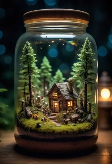small wood forest world, inside a beautiful jar, illuminated miniature forest, depth of field, hyperdetailed photography, shot at night, 8K, award winning photo, amazing wallpaper, detailxl