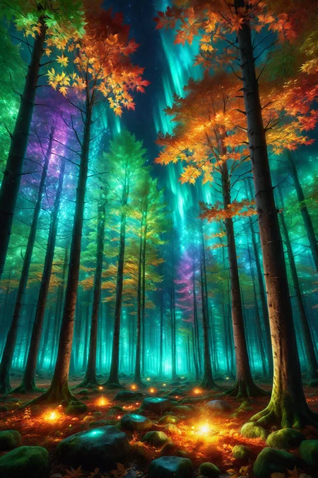 maple forest with glowing leaves, morph-aurora, stone circle with ancient runes, detailed background, best quality, vibrant colors, realistic style, high detail, hyper-realistic, highres, 4K resolution, realistic photo, masterpiece, ultra-detailed, ethereal light, greens and golds, ethereal glow, wide shot, <lora:add-detail-xl:1> <lora:aurora_0_100_V1-000009:0.65>