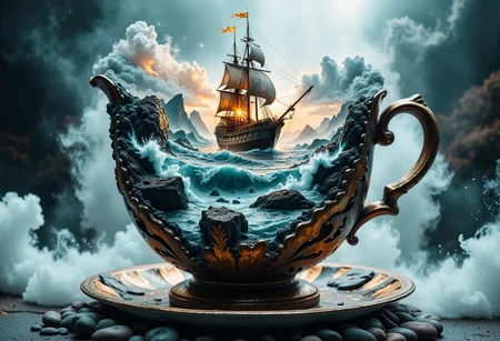A whimsical scene of a large, ornate teacup exuding surrealism, featuring a detailed ship sailing on turbulent waters contained within the cup. The cup is richly decorated with intricate landscapes and vibrant colors, capturing a sense of adventure. Surrounding the cup, a misty atmosphere enhances the mystical feel, blending shades of deep blue and soft gray. Capture the dreamlike quality of this imaginative tableau. bo-exposure, double exposure, <lora:s:1>