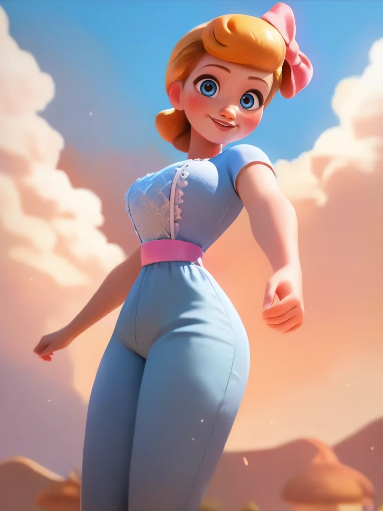 score_9, score_8_up, score_7_up, score_6_up, 1girl, blue dress, pants, pink belt, short hair, looking at viewer, dynamic angle, cowboy shot, cute, cartoon, epic pose, smile, blush, wide shot, cute eyes, magic vibes, bangs, floating hair, outdoors, detailed background, cinematic, sky, clouds, big breast, hair bow,
<lora:BobeepXLP_character:0.8> BobeepXLP <lora:DisneyStudios_style:0.8> DisneyStyleXLP
