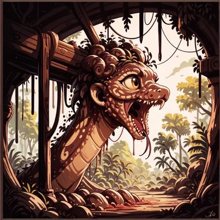 score_9, score_8_up, score_7_up, score_6_up, score_5_up, score_4_up, ink splats around border, gleaming metal snake made of copper, in the workshop of a wizard, lightning shooting from its open mouth, feral, armless, forked tongue, jungle temple