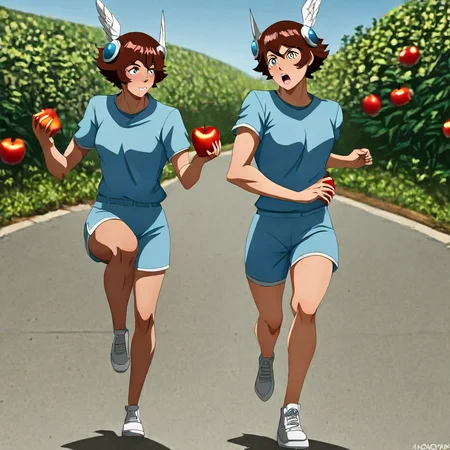amazing photo, h_mercury, running,talaria,headgear,petasos,blue outfit,hold an apple, background garden of eden<lora:Mercury:0.7> <lora:Mezzotint_Artstyle_for_Flux_-_by_Ethanar:0.5> <lora:CPA:0.6>anime style <lora:RetroAnimeFluxV1:0.6>
