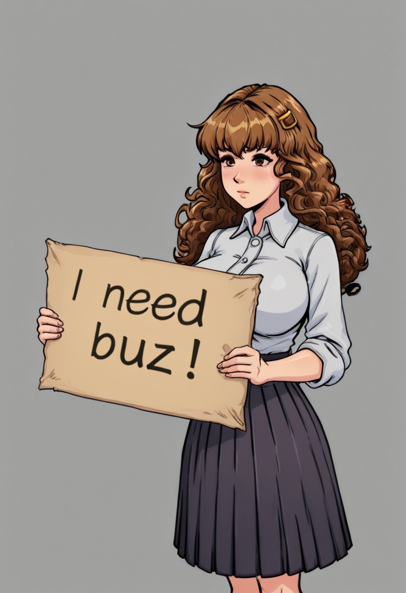 witchtrainerstyleil, brown hair, large breasts, long hair, curly hair, pleated skirt, wavy hair, brown eyes, hair ornament, long skirt, need_buzz,holding sign, score_9, score_8_up, score_7_up