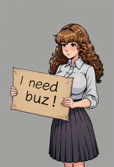 witchtrainerstyleil, brown hair, large breasts, long hair, curly hair, pleated skirt, wavy hair, brown eyes, hair ornament, long skirt, need_buzz,holding sign, score_9, score_8_up, score_7_up